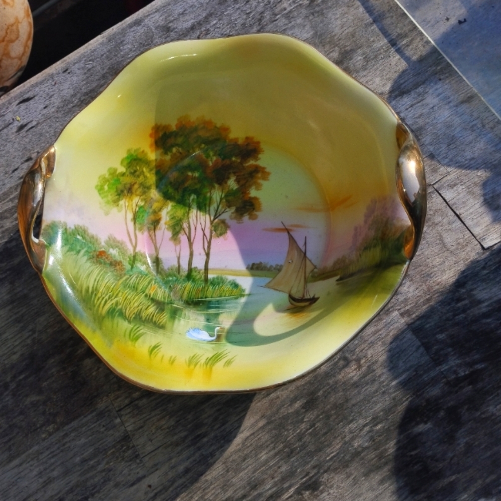 Yellow and Green Ceramic Art Plate with Serene Landscape